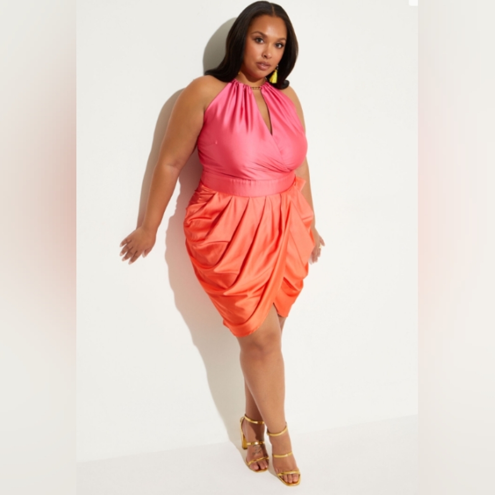 NWOT Ashley Stewart Satin Fandango Pink Sleeveless Ombre Faux Wrap Dress 14/16